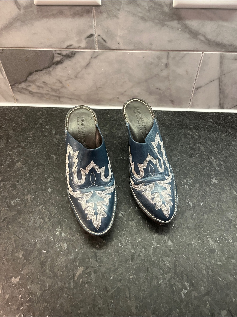 Handcrafted Blue Embroidered Leather Donald PLINER Mules